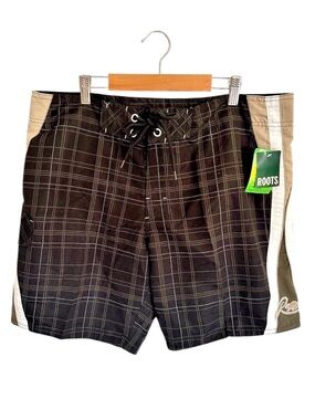 Roots Swim Men’s Black Plaid Board Shorts Size 34 NWT Mesh Lined